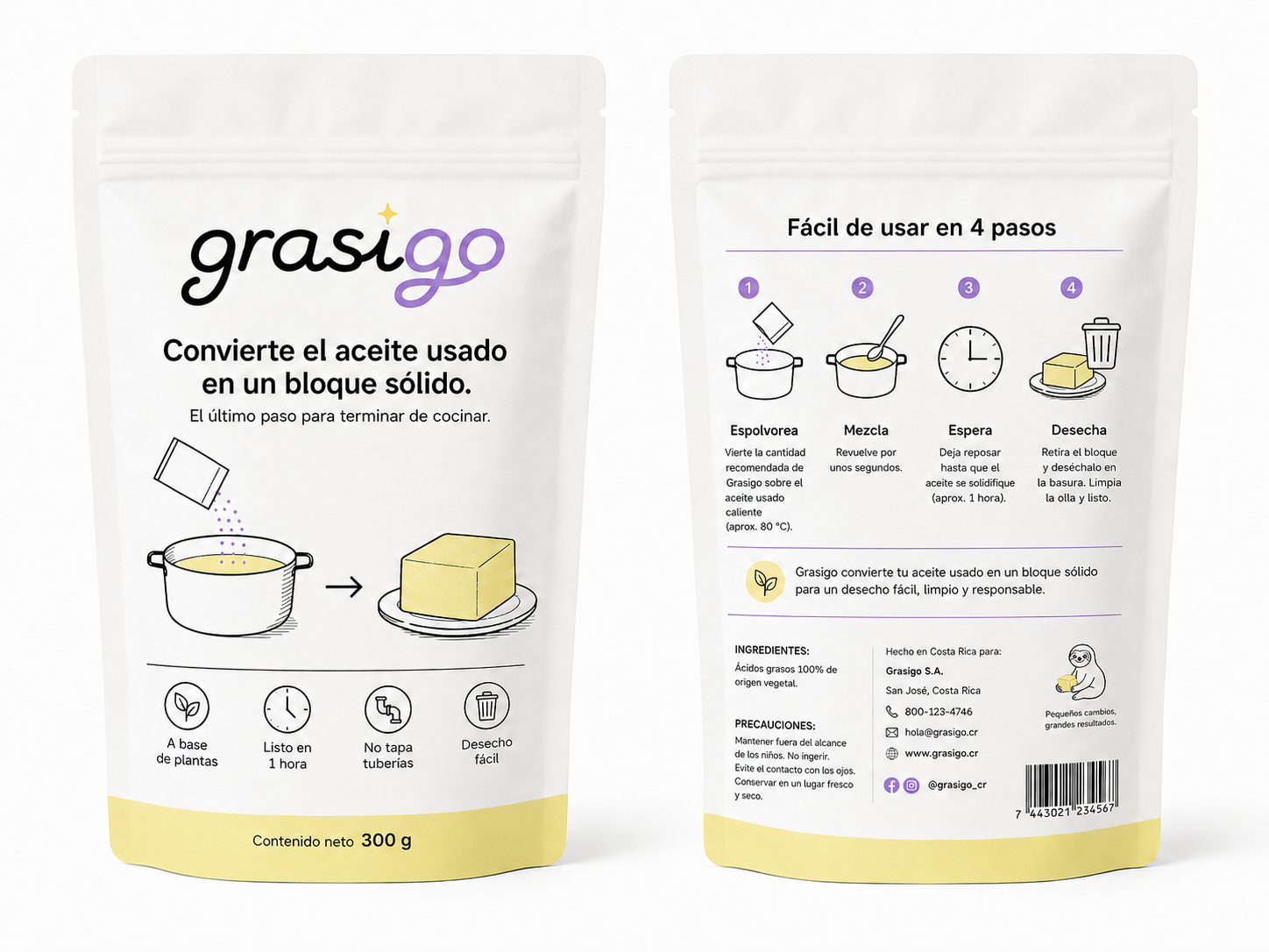 Empaque de Grasigo, polvo solidificador de aceite de cocina
